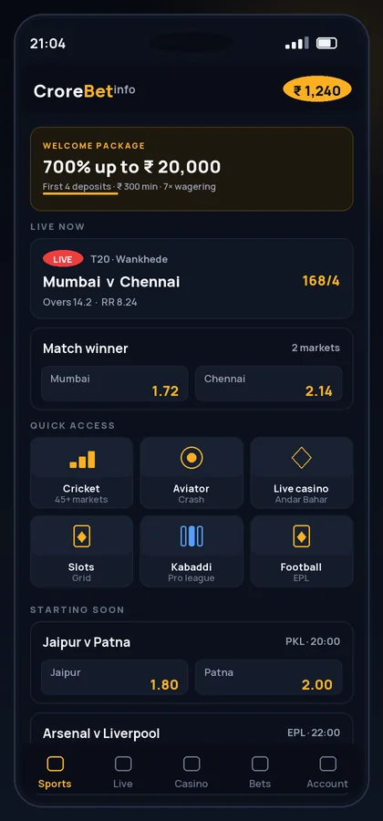 CroreBet app home screen showing live IPL cricket odds on an Android phone